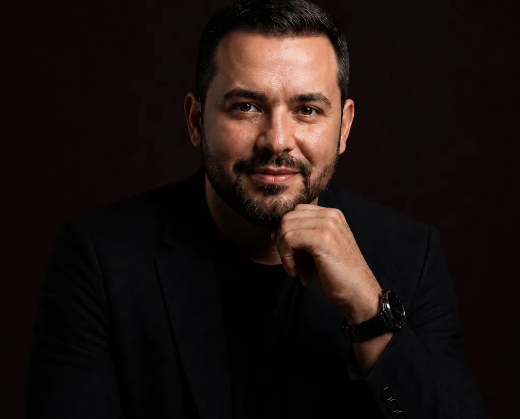 Retrato editorial de Ricardo Majela, de blazer preto, mão no queixo, sobre fundo vinho quase preto.